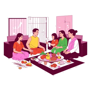 A group of family members is gathered in a cozy living room for a ritual ceremony. The groom's family is dressed in traditional attire, with vibrant colors adorning their clothing. In the center of the room, there is a beautifully arranged table filled with traditional offerings, including fruits, sweets, and flowers. Incense sticks are lit, creating a gentle curl of smoke rising into the air. The family members are focused and engaged, with some holding hands while others are positioned around the table, creating an atmosphere of togetherness and honoring their customs.