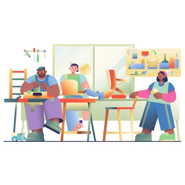 A small workshop assembly line is busy creating custom wooden furniture. In the foreground, a skilled craftsman with light skin and a brown beard is carefully sanding a chair leg, using a power sander. The assembly line features several workstations, each with different stages of furniture production. On one table, an unfinished wooden table is being constructed, with various clamps holding the pieces in place. Nearby, a woman with medium skin is applying a coat of varnish to a completed wooden chair, using a brush. Tools such as saws, sanders, and chisels are organized neatly on a wall-mounted pegboard in the background. The atmosphere is filled with soft natural light coming through a window, highlighting the rich grain of the wood.