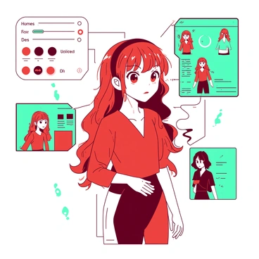 A red anime character is being created in a virtual reality workspace. The character is depicted mid-transformation, with vivid lines and shapes around it, showcasing the design process. Various teal virtual reality interfaces surround the character, displaying options for colors, hairstyles, and outfits. The character has large expressive eyes and dynamic hair that shifts in color, reflecting the interactive features. A virtual hand appears to be adjusting the character's pose, while glowing symbols and sliders float nearby, illustrating the customization options.