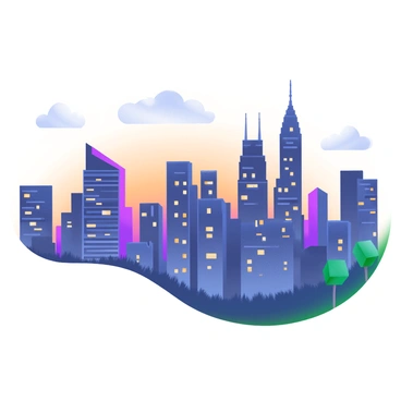 A silhouette of a city skyline at dusk, showcasing various skyscrapers of different heights and designs. The buildings are filled with numerous windows, some glowing with light, creating a twinkling effect. The sky transitions from orange to deep blue, indicating the onset of night. There are small clouds scattered across the sky, subtly reflecting the colors of the sunset. In the foreground, the outline of trees can be seen, adding depth to the scene.