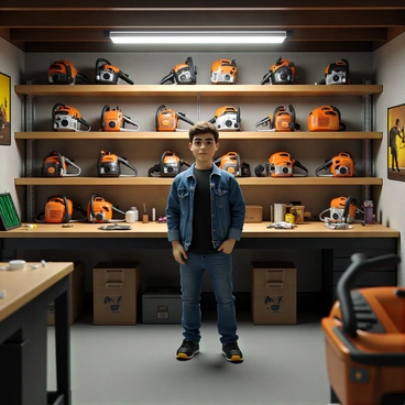 A passionate chainsaw collector stands in a well-organized garage filled with an array of chainsaws displayed on sturdy shelves. The collector has short hair and wears a denim jacket over a black t-shirt, standing proudly next to a large wooden workbench. Various chainsaw models are showcased, each with distinct colors and designs, some with orange and black bodies, while others display unique vintage finishes. Bright fluorescent lights illuminate the garage, highlighting the detailed features of the chainsaws. Tools and spare parts are neatly arranged on the workbench, adding to the meticulous atmosphere of the space. A few chainsaw posters adorn the walls, celebrating the history and evolution of this powerful tool.