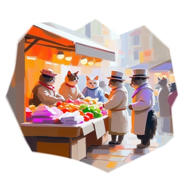 A bustling Victorian market scene featuring several cats dressed in period-appropriate attire. Some cats are standing behind wooden stalls, selling various goods such as colorful fabrics, fresh vegetables, and handmade trinkets. Other cats are seen interacting with the vendors, examining the merchandise with curiosity. The market is filled with vibrant colors and textures, showcasing a lively atmosphere. Small details include various accessories like hats and scarves worn by the cats, adding to the Victorian theme. The background features charming architecture typical of the Victorian era, contributing to the overall lively market setting.
