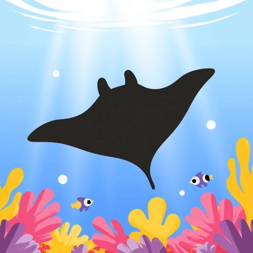 A manta ray gliding gracefully through clear blue waters. The manta ray is large, with a wide wingspan and a dark, smooth body. Surrounding it are vibrant coral reefs in various colors, including bright pinks, yellows, and purples. Small, colorful fish of different shapes and sizes dart around the corals, creating a lively atmosphere. Sunlight filters down from the surface, illuminating the scene and highlighting the intricate details of the coral and the fish.