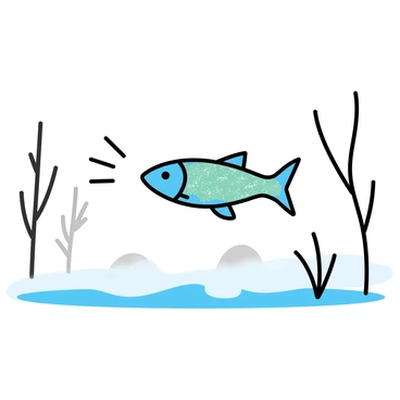 A flying fish, with shimmering scales reflecting shades of blue and green, is leaping gracefully above the surface of the misty waters. The swamp is filled with soft, swirling fog that partially obscures the water, creating an atmospheric scene. In the background, there are silhouettes of tall, thin trees with long, drooping branches. The fish has elongated fins that extend elegantly as it catches the light while airborne.