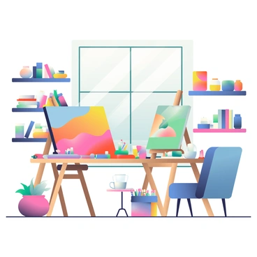 A cozy studio space is filled with various art supplies and ongoing projects. There is a wooden work table in the center, scattered with colored pencils, paint tubes, and brushes. A large canvas on an easel displays a vibrant painting in progress. Shelves lining the walls are stocked with jars of paint, sketchbooks, and handmade pottery. A comfortable chair is placed in the corner, next to a small table with a steaming mug of coffee. Natural light streams in through a large window, illuminating the space and highlighting the textures of the materials.