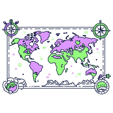 An antique world map is displayed, featuring intricate details and aged parchment textures. The map is adorned with "sea monsters" illustrated in various poses, such as a serpent-like creature coiling around an island and a fantastical beast emerging from waves. In the corners, there are "ornate compass roses" with elaborate designs, showcasing cardinal points surrounded by decorative flourishes. The continents are marked with stylized landscapes, and the oceans are filled with swirling patterns, enhancing the vintage appearance of the map.