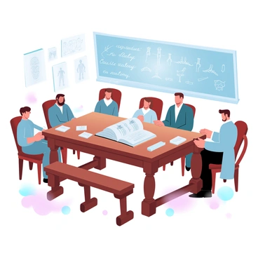 A large wooden table is covered with various anatomical models and sketches, depicting human organs and skeletons. An open book lies prominently on the table, showcasing detailed illustrations of the human body. Surrounding the table are several wooden chairs, each occupied by individuals dressed in 1800s clothing, including long coats and waistcoats. A large chalkboard in the background displays handwritten notes and diagrams related to anatomy. Soft, warm light illuminates the room, casting gentle shadows and highlighting the textures of the materials used.