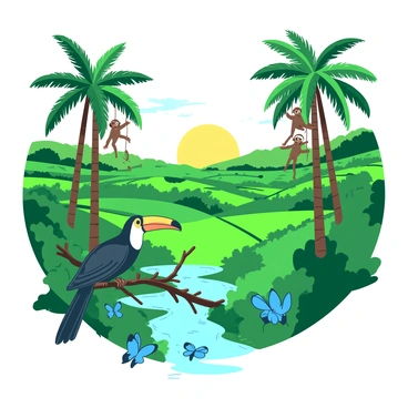 A green palm oil farm stretches across the landscape, showcasing rows of tall palm trees with lush, vibrant leaves. Among the trees, various indigenous animals can be seen, including a brown monkey swinging playfully from branch to branch. In the foreground, a colorful toucan with a large yellow beak is perched on a low branch, overlooking a small clear stream flowing through the farm. A pair of bright blue butterflies flit around, adding movement to the scene. The sun casts a warm glow, illuminating the natural partnership between the palm oil farm and the local wildlife.