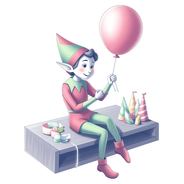 An elf sitting on a shelf, focused on inflating a large balloon. The elf has pointed ears and a cheerful expression, wearing a red and green outfit with a pointed hat. The balloon is bright and round, reflecting its vibrant personality. Surrounding the elf are various colorful party decorations, including ribbons and streamers, hinting at the upcoming festive celebration. The shelf is made of dark wood, adding contrast to the lively scene.