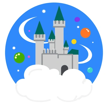 A tall, majestic castle with towering spires is perched atop a fluffy white cloud. The castle features intricate stonework and shimmering windows. Surrounding the castle is a swirling mist that appears ethereal and light. Floating around the cloud are glowing orbs in various colors, illuminating the scene with a magical glow. The sky above is a deep blue, creating a striking contrast with the white cloud and the vibrant orbs.