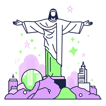 A futuristic digital rendition of "Christ the Redeemer" stands majestically on a mountaintop. The figure is depicted with sleek, angular features, embodying a modern interpretation of the iconic statue. Surrounding the statue, there are intricate patterns and geometric shapes that enhance the digital aesthetic. The arms are outstretched wide, symbolizing openness and welcome. Below, a stylized city skyline is visible, with towering buildings and advanced structures, suggesting a vibrant urban environment. The overall scene is filled with glowing elements that contribute to a luminous, high-tech atmosphere.
