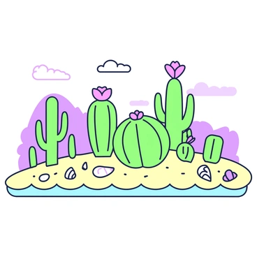 A sandy beach is dotted with various cacti, each featuring unique shapes and forms. Some cacti have vibrant flowers blooming at the top, adding pops of color to the scene. The beach is surrounded by gentle waves lapping at the shore, with a few seashells scattered in the sand. In the background, a clear sky stretches overhead, with a few wispy clouds floating by. The overall composition presents a juxtaposition of desert flora against a coastal backdrop.