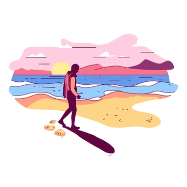 A lone figure is walking along a beach at sunset, leaving a trail of footprints in the golden sand. The stranger has their head turned towards the horizon, gazing intently at the gentle waves rolling in. The sun is setting, casting a warm glow over the scene, with shades of orange and soft pink reflecting off the water. The shoreline is calm, with the surf creating a subtle foam at the stranger's feet. The sky is a blend of colors, creating a serene backdrop for this tranquil moment.