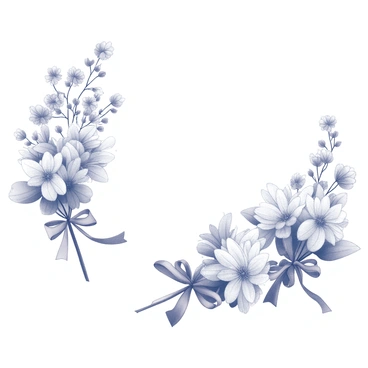 A border composed of several small flower bouquets arranged closely together. Each bouquet is tied with a ribbon, with the ribbons flowing elegantly. The flowers include a variety of shapes and sizes, showcasing petals in intricate arrangements. The overall composition offers a delicate and detailed frame, with the bouquets overlapping slightly to create a sense of abundance. The design emphasizes the textures of the flowers and the softness of the ribbons.