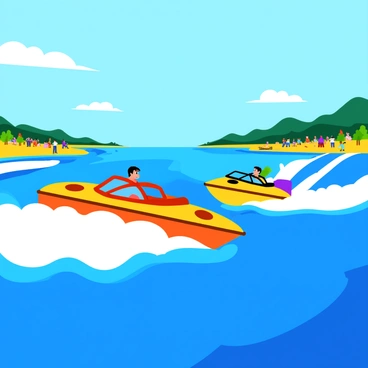 A thrilling speedboat race occurs on a vibrant blue lake. Two sleek, colorful speedboats zip across the water, leaving a trail of foamy white water splashing dramatically behind them. The boats are designed with bold patterns and bright colors, showcasing their speed and agility. Sunlight glistens off the water's surface, creating a sparkling effect. In the background, a clear blue sky stretches above, with a few fluffy white clouds scattered about, enhancing the excitement of the race. Spectators can be seen along the shoreline, cheering enthusiastically as the boats race past.