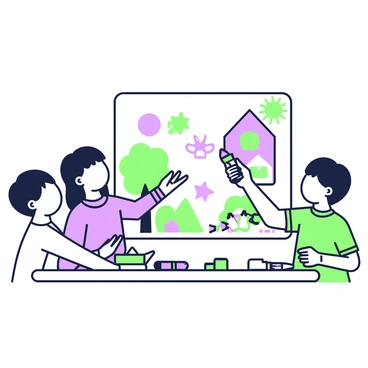 A group of children is gathered around an illustration board engaged in creating a collage. There are three children: one is placing a cardboard cutout of a tree, another is gluing down a colorful house cutout, and the third is adding a sun cutout to the top corner of the board. The children are using scissors and glue, with a variety of cardboard cutouts scattered on the table in front of them, including animals and shapes. Brightly colored markers and paper are also present around the workspace. Each child is focused on their task, sharing ideas and showing enthusiasm for their project.