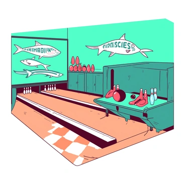 A retro-style bowling alley features bright teal walls adorned with large murals of "Pisces" fish swimming gracefully. The bowling lanes are polished wood, and the flooring is a vibrant orange-and-white checkerboard pattern. Vintage bowling shoes, displayed on a nearby shelf, are in a variety of colors including red and blue. Retro neon lights illuminate the space, casting a warm glow over the bowling pins arranged neatly at the end of each lane. The seating area has comfortable teal booths where bowlers can relax between turns.