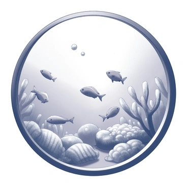 A round frame encircles an underwater scene. Within the frame, various fish swim gracefully, displaying diverse shapes and sizes. Coral formations rise from the ocean floor, featuring intricate textures and patterns. Sunlight filters through the water's surface, casting soft shadows across the scene. Bubbles ascend towards the top, adding movement to the tranquil setting.