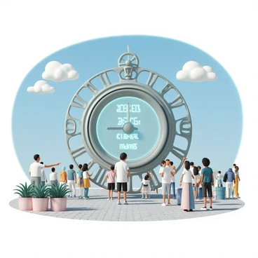 A giant clock, intricately designed with metallic gears and a large, clear face, is positioned prominently in a public square. The clock displays numbers counting down to climate change deadlines in bright, illuminated digits. Surrounding the clock are well-maintained cobblestone paths and green plants in decorative pots. People of various ages and ethnicities gather around, pointing at the clock and discussing its significance. The sky above is clear and blue, with a few fluffy white clouds, creating a lively and engaging atmosphere in the square.