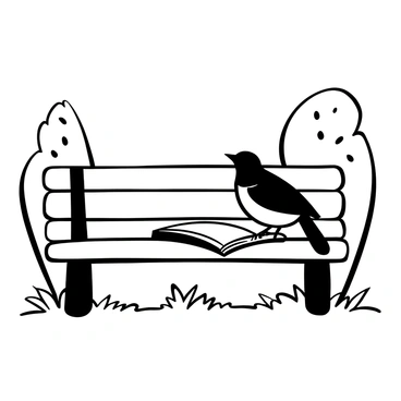A "curious mockingbird" perched on the edge of a "park bench," tilting its head as it "pecks" at the pages of an "open book." The "book" lies flat with its pages slightly fluttering in the breeze. Surrounding the bench, there are scattered leaves and patches of grass, creating a natural setting. In the background, the silhouette of trees adds depth to the scene.