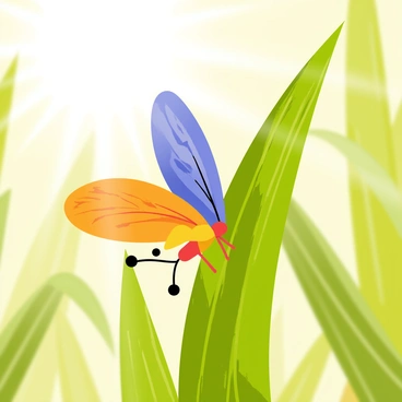 A colorful butterfly with bright blue and orange wings is perched delicately on a green corn leaf. The butterfly's wings are spread open, showcasing intricate patterns of black spots. The corn leaf is tall and slender, with a rich green color and visible veins. In the background, there are soft hints of other corn stalks blurred out, emphasizing the butterfly and the single leaf. Sunlight filters through, creating a soft glow around the butterfly, highlighting its vibrant colors.