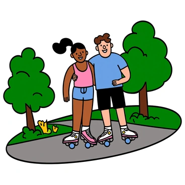 A young couple roller skating together on a smooth pathway in a city park. The woman has tan skin, long black hair pulled into a ponytail, and is wearing a bright pink tank top and denim shorts. The man has light skin and short, curly brown hair, wearing a blue t-shirt and black shorts. They are both wearing colorful roller skates and are laughing with joy as they glide along the path. The background features lush green trees and colorful flower beds, enhancing the lively atmosphere of the park.