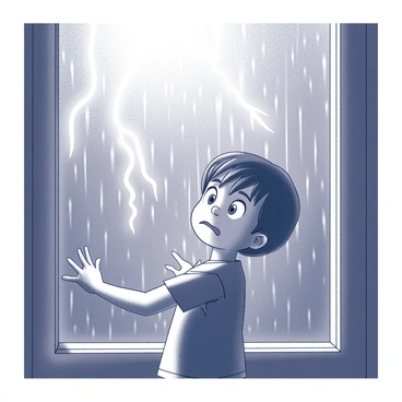 A child with wide eyes stands in front of a rain-streaked window. The child's face displays a look of fear and concern. Outside the window, heavy rain falls, creating streaks that distort the view. Lightning flashes intermittently, illuminating the child's expression and casting shadows in the room. The child’s small hands are pressed against the glass, emphasizing their longing for comfort and safety. The scene captures the intensity and drama of the thunderstorm outside, contrasting with the child's vulnerability inside.