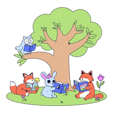A magical forest scene with a variety of animals gathered around a giant tree. There is a wise owl perched on a low branch, holding an open book with its wings. A curious rabbit sits on the grass, reading a small book with colorful illustrations. A playful fox lies nearby, looking at a book that has vibrant pictures of different landscapes. Sunlight filters through the leaves of the giant tree, casting soft shadows on the ground, while small flowers bloom around the animals, adding bursts of color to the scene.