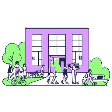 A university campus annex building stands prominently, featuring large windows and an entrance with double doors. Surrounding the building, a group of students walks between classes. Some students are chatting in small clusters, while others are focused on their devices. A student carrying a stack of books is walking toward the entrance, and another student is sitting on a bench nearby with a laptop open. In the foreground, there is a path lined with trees, and a few bicycles are parked along the side of the building. The atmosphere is vibrant with various students in casual clothing.