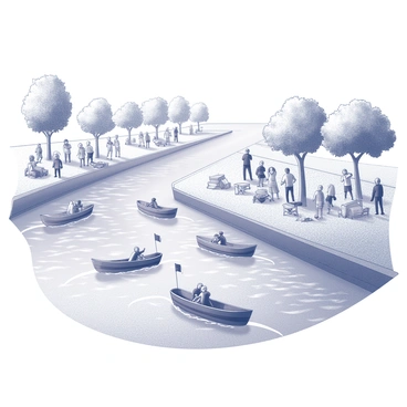 A river scene depicting a community boat race. Several boats are competing, each uniquely designed with distinct shapes and patterns. Spectators line the riverbanks, displaying a range of expressions from excitement to anticipation. Some are standing, while others are sitting on blankets and folding chairs. Trees and shrubs frame the river, providing a natural backdrop to the event. A few flags can be seen in the crowd, adding to the lively atmosphere. The water is depicted with gentle ripples, reflecting the energy of the race.