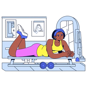 A gym interior with wooden floors and vintage weights. A person is wearing bright-colored retro fitness gear, which includes a sleeveless top and high-waisted shorts. The individual is in the midst of performing a dumbbell pullover, lying on a flat bench with a focused expression. A set of dumbbells is resting on the floor beside the bench. In the background, there are classic gym posters and a large mirror reflecting the scene.