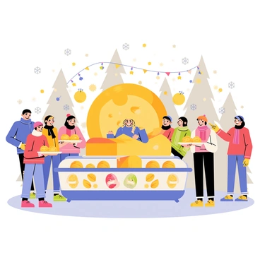 A winter festival scene featuring a vibrant raclette stand with a large, melted cheese wheel prominently displayed. The stand is adorned with colorful decorations and twinkling lights. Groups of happy visitors are gathered around the stand, smiling and enjoying their food. Some are holding plates filled with golden melted raclette over boiled potatoes, while others are chatting animatedly. Snowflakes gently fall from a gray sky, and a backdrop of snow-covered trees adds to the festive atmosphere. Cozy scarves and hats can be seen on the visitors, emphasizing the winter season.