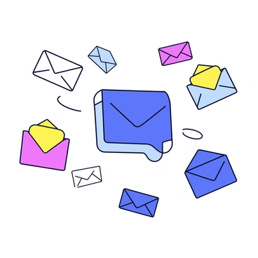 A large three-dimensional email icon, depicted in a vibrant blue color, is positioned centrally in the image. Surrounding the icon are multiple envelopes, each illustrated with bold, contrasting colors. The envelopes are shown in various sizes, flying towards the email icon from different angles, creating a dynamic sense of movement. Some envelopes have their flaps slightly open, suggesting they are filled with letters, while others are closed. The background is plain to emphasize the icon and the envelopes.