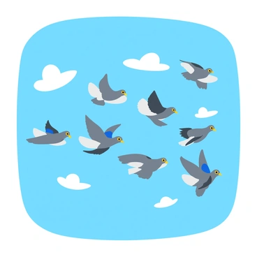 A flock of "passenger pigeons" flying in formation against a bright "blue sky." The birds are depicted with iridescent feathers, showcasing shades of "gray," "blue," and "white." Their wings are spread wide as they glide through the air, creating a dynamic sense of movement. A few clouds scatter across the sky, adding depth to the scene. The sunlight illuminates the pigeons, enhancing their colors and creating a vivid contrast against the sky.