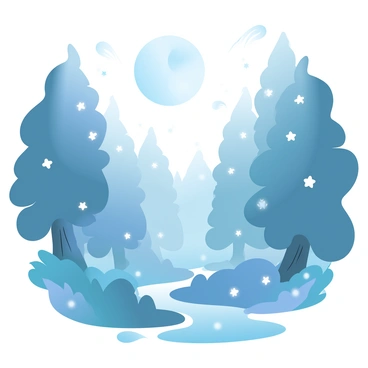 A dense forest filled with tall trees and lush foliage. The full moon casts a soft glow over the landscape, illuminating the leaves and creating gentle shadows on the ground. Fireflies are scattered throughout the scene, their tiny lights flickering as they move gracefully through the air. The atmosphere is tranquil, with the moonlight reflecting off the forest floor, enhancing the beauty of the surroundings.