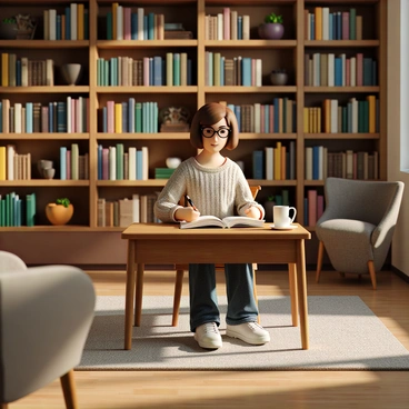 A person with short brown hair, wearing reading glasses and a comfortable sweater, is seated at a wooden desk in a home library. They are focused on an open book in front of them, taking notes on a notepad. Surrounding them are tall shelves filled with various books of different colors and sizes, some stacked horizontally and others vertically. A cozy armchair is visible in the background, along with a small table holding a steaming cup of coffee. Soft, warm light illuminates the space, creating a welcoming atmosphere.