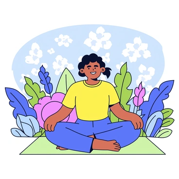 A cheerful woman is practicing yoga on a light green mat. She is wearing a comfortable, bright-colored athletic outfit. Surrounding her is a garden filled with various plants and flowers. Sunlight filters through the leaves of the trees, creating dappled light on the ground. The woman is sitting in a cross-legged position with her hands resting on her knees.