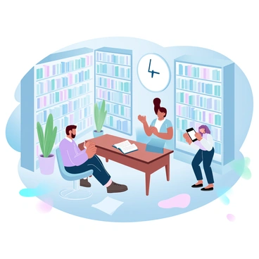 A spacious library filled with tall bookshelves stacked with books of various sizes and colors. Several students are scattered around, each focused on their own study materials. One student is seated at a wooden table with an open book, taking notes in a notebook. Another student is using a laptop, surrounded by textbooks and papers. A few plants are placed near the windows, adding a touch of greenery to the scene. A large clock hangs on the wall, indicating the time in a serene atmosphere.