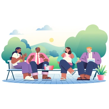 A group of five executives, two women and three men, are sitting comfortably in a circle on a large deck made of polished wood. They are wearing smart casual attire, with light blouses and dressy shirts. A backdrop of lush green trees and rolling hills is visible in the distance. On a low table in front of them, there are notebooks, laptops, and refreshing drinks in glass cups with ice. One executive, a woman with long brown hair, is gesturing with her hands while speaking, and the others are attentively listening, nodding in agreement. The sun is shining brightly, casting soft shadows across their faces, and there are some potted plants adding a touch of color to the scene.