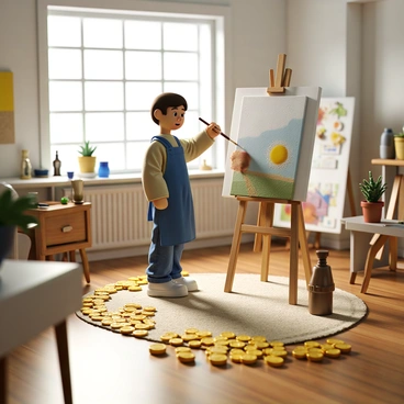 An artist with short brown hair and wearing a blue smock is standing in front of a large canvas on an easel. The artist is focused, holding a paintbrush with a vibrant palette of colors spread out on a table nearby. Each brushstroke applied to the canvas transforms into a shiny gold coin, creating a visual trail of coins that follows the movement of the brush. The background features a bright, well-lit studio filled with art supplies and additional canvases. The floor is wooden, and there is a window allowing natural light to stream in, illuminating the scene.
