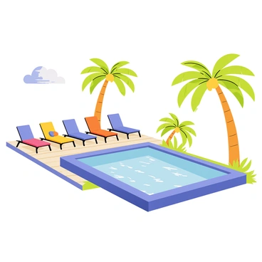 A sparkling clear swimming pool with bright blue water reflects sunlight. Surrounding the pool are several lounge chairs with colorful cushions, arranged neatly on a wooden deck. Tall green palm trees sway gently in the breeze, casting playful shadows on the ground. The scene includes a few fluffy white clouds drifting in a clear blue sky above, enhancing the vibrant atmosphere.