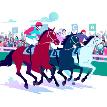 A group of powerful horses galloping at full speed on a racing track. Each horse has a distinct coat color, including a chestnut, a black, and a white one, showcasing their muscular build and flowing manes. The jockeys, dressed in colorful racing silks, lean forward, urging their horses on. In the background, a large crowd of enthusiastic spectators stands, waving banners and cheering loudly. Some are holding drinks while others capture the excitement with their smartphones, adding to the lively atmosphere of the race. The sun shines brightly overhead, casting dynamic shadows on the track.