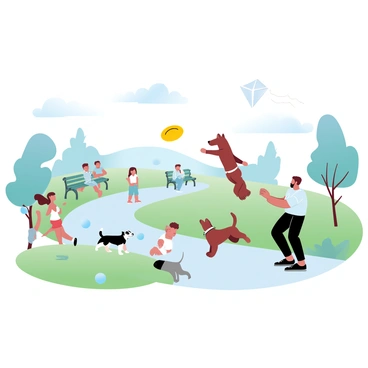 A variety of people are walking their dogs in a busy pet park. One person is tossing a bright yellow frisbee for their medium-sized dog, which is leaping into the air to catch it. Nearby, a group of children is playing with a small dog, throwing a ball for it to chase. There are benches scattered throughout the park, with some pet owners sitting and watching their dogs. The grass is lush and green, and a few trees provide shade. In the background, a kite is flying high in the sky.