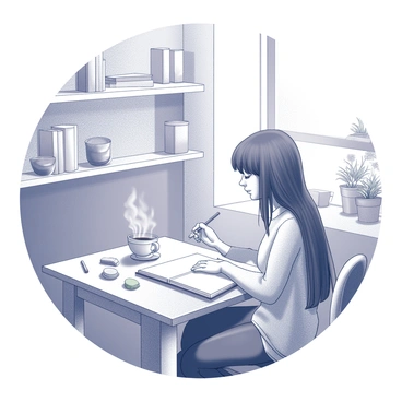 An artist sitting at a small wooden table in a cozy coffee shop. The artist is holding a pencil in one hand and focusing on a sketchbook that is open in front of them. A steaming cup of coffee is placed next to the sketchbook on the table, with wisps of steam rising into the air. The background features shelves filled with books and an array of potted plants. Soft light filters in through a nearby window, casting gentle shadows across the table. The artist wears a comfortable, relaxed outfit, and there are scattered art supplies such as erasers and colored pencils around the sketchbook.