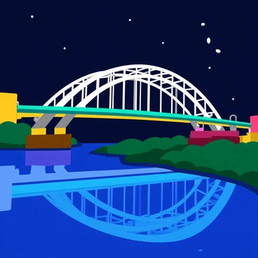 An illuminated Kingston Bridge at night, showcasing vibrant lights along its structure. The bridge arches gracefully over the water, with warm white and colorful lights casting reflections on the calm river below. The surrounding area is slightly dark, enhancing the brightness of the bridge. The water reflects the illuminated underside of the bridge, creating a mesmerizing pattern of light and color. Stars twinkle in the night sky, adding to the serene atmosphere of the scene.