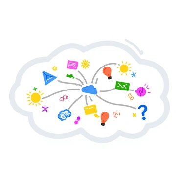 A large, fluffy white cloud serves as the base for a mind map. The cloud features vibrant interconnected ideas represented by colorful doodles and icons. Each idea is connected by thin, wavy lines that create a web-like structure. Various sketches and symbols, such as light bulbs, arrows, and question marks, are scattered throughout the cloud, adding visual interest and clarity to the concepts. The overall composition is bright and playful, inviting viewers to explore the creative connections within the mind map.
