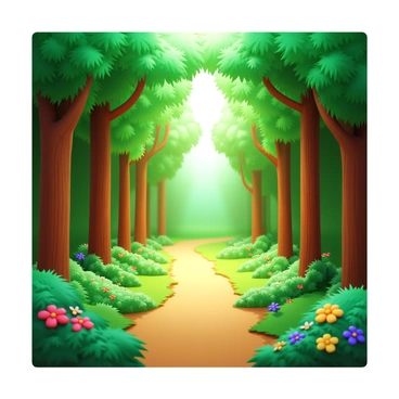 A forest trail lined with tall trees and vibrant green foliage. The path winds through the trees, inviting exploration. Sunlight filters through the leaves, casting dappled light on the ground. Various flowers in bright colors bloom along the trail, adding splashes of red, yellow, and purple. Birds can be seen perched on the branches, and a gentle breeze rustles the leaves, creating a sense of life in the scene.