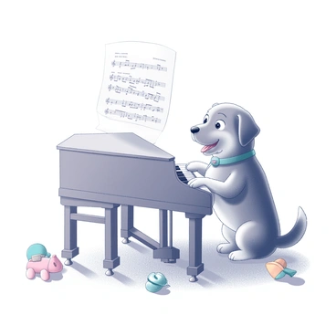 A dog with a fluffy coat is sitting in front of a small piano, its paws poised on the keys. The dog's eyes are bright, and its mouth is open in a joyful expression, as if it is enjoying the music it is creating. The piano stands on a simple wooden floor. The dog's tail is wagging excitedly, suggesting its playful nature. Surrounding the scene are scattered sheet music and a few colorful dog toys, adding to the lively atmosphere.