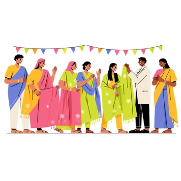 A community event featuring a diverse group of people from different cultures. Each person is wearing vibrant sarees in various colors and patterns, showcasing the beauty of this traditional attire. There are women with intricate embroidery and embellishments on their sarees, standing side by side with men in traditional attire. The background has colorful decorations and banners celebrating cultural diversity. Everyone is smiling and interacting, creating a warm and inviting atmosphere. A few individuals are demonstrating how to drape sarees, while others are admiring the displays.