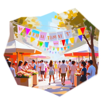 A vibrant festival scene featuring colorful banners and flags hanging from poles and trees. Each banner displays a different vocabulary word in bold, clear letters. The flags flutter in the breeze, showcasing an array of colors such as red, blue, yellow, and green. In the background, people of various ages and ethnicities gather to celebrate, smiling and engaging in lively conversations. There are stalls decorated with flowers, where vendors offer various treats and drinks, adding to the festive atmosphere. Brightly colored streamers are draped overhead, enhancing the joyful ambiance of the event.